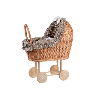 Passeggino in vimini per bambole Lulu con rifiniture, copertina e cuscino beige - Beige