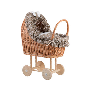 Passeggino in vimini per bambole Lulu con rifiniture, copertina e cuscino beige - Beige