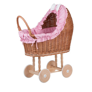 Carrozzina per bambole in vimini Lulu con finiture, copertina e cuscino rosa