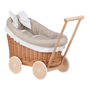 Carrozzina per bambole in vimini Luna 1330-01 con rifiniture, copertina e cuscino beige - Beige