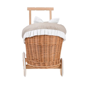 Carrozzina per bambole in vimini Luna 1330-01 con rifiniture, copertina e cuscino beige - Beige