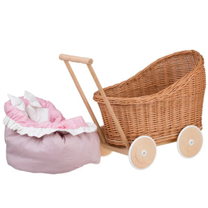 Cochecito de mimbre para muñecas Luna 1330 con ribete, manta y almohada en rosa