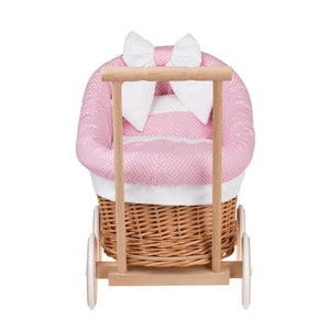 Cochecito de mimbre para muñecas Luna 1330 con ribete, manta y almohada en rosa