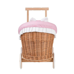 Cochecito de mimbre para muñecas Luna 1330 con ribete, manta y almohada en rosa