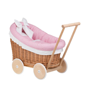 Cochecito de mimbre para muñecas Luna 1330 con ribete, manta y almohada en rosa