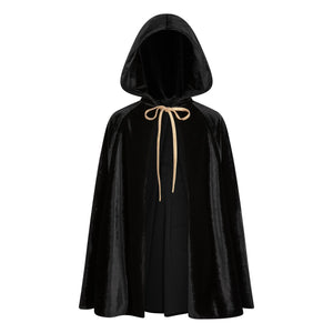 Front product view of Moi Mili Little Black Riding Hood velour cape with deep hood and gold ties