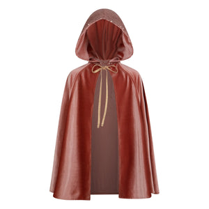 Front product view of Moi Mili Little Pink Riding Hood cape with deep hood and gold ties