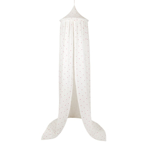 Full-length cream Moi Mili cotton canopy with a delicate red heart print on a white background