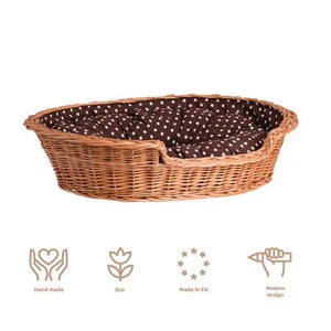 Panier pour chien en osier naturel avec coussin à pois marron, forme ovale, design artisanal