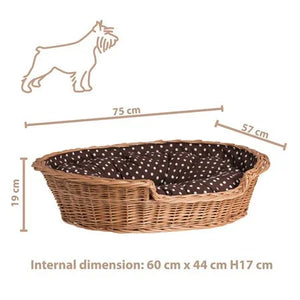 Panier pour chien en osier naturel avec coussin à pois marron, forme ovale, dimensions détaillées.