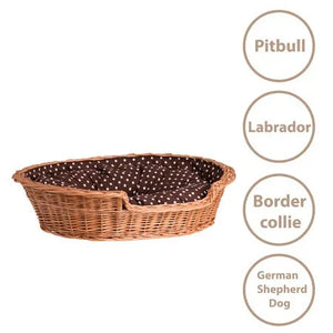 Panier pour chien en osier naturel avec coussin à pois marron, adapté aux races moyennes à grandes