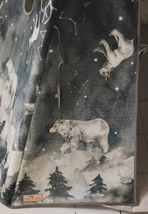 Close-up of the teepee fabric showing a bear, mountain forest and hand-drawn constellations