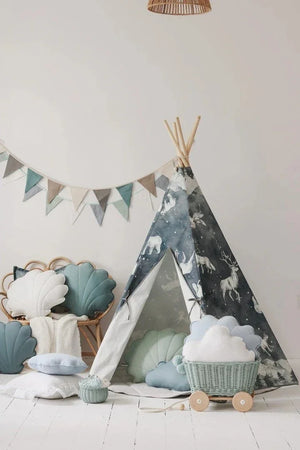 Night Sky children’s teepee styled with shell cushions, cloud pillows and a woven toy trolley