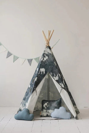 Night Sky teepee displayed with matching animal-print cushion and blue cloud pillows