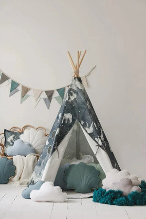 Moi Mili animal-print teepee with green shell cushion and soft cloud-shaped nursery accessories