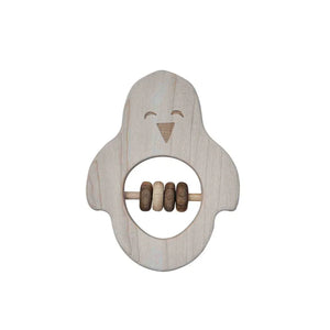 Wooden penguin teether with natural finish and rolling beads for baby