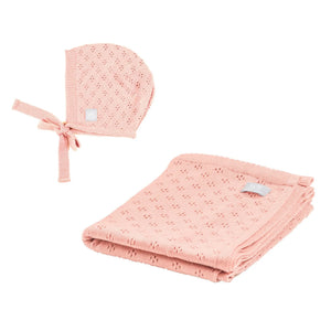 pink knitted baby bonnet and blanket set with delicate lace pattern