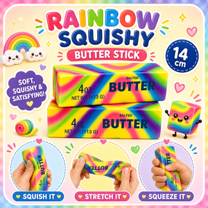 A colorful promotional graphic for rainbow squishy butter stick. The main product shown is two stacked rectangular boxes of salted butter in a bright rainbow gradient, with text reading 'RAINBOW SQUISHY BUTTER STICK,' '4 oz,' and '14 cm.