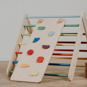 Wooden climbing triangle with colorful rungs and shape grips for toddler play and motor skill development