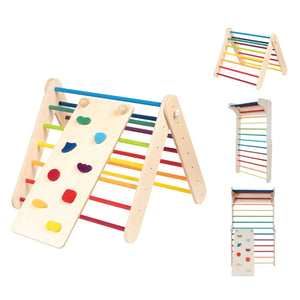 Wooden rainbow climbing ladder with colorful rungs and climbing panel, Montessori toddler play equipment