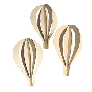 Three natural wood hot air balloon wall decor, laser-cut with slatted design for nursery or home accent.