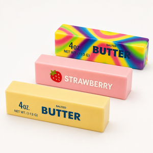 Three rectangular butter-shaped squishy arranged diagonally on a white background: a yellow one labeled 'BUTTER' with salted text, a pink one labeled 'STRAWBERRY' with a strawberry icon, and a rainbow-colored one labeled 'BUTTER'.