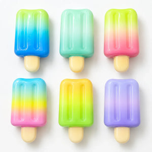 Six colorful popsicle-shaped squishy ice-creams arranged in two rows on a plain white background. Each popsicle has a smooth gradient color treatment with different color combinations including blue, green, pink, yellow, and purple, with beige wooden-style sticks.