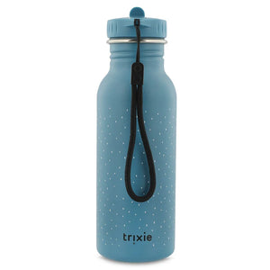 Blue stainless steel water bottle with dotted pattern, loop strap, and Trixie logo