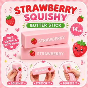 Pink strawberry squishy butter stick eraser set with three pink rectangular erasers labeled 'STRAWBERRY' and illustrated strawberries, shown on a pink background with text reading 'STRAWBERRY SQUISHY BUTTER STICK', 'SOFT, SQUISHY & SATISFying!', '14cm', and three circular inset images demonstrating squish, stretch, and squeeze actions.