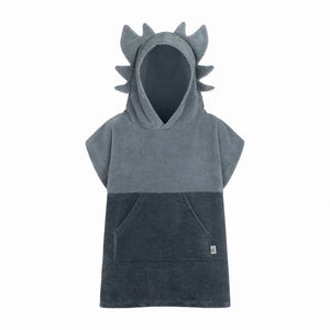 Poncho de bain enfant gris à capuche avec pointes de dinosaure et poche avant, éponge bicolore