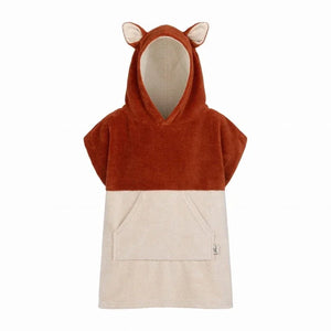 Poncho de bain enfant avec oreilles de renard, éponge bicolore marron et beige, poche avant