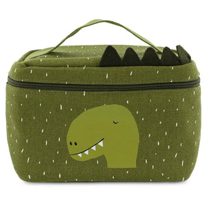 Sac à lunch isotherme vert avec motif dinosaure, poignée en tissu et pointes en feutrine ludiques.