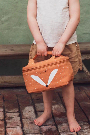 Sac à lunch isotherme pour enfant, motif renard orange, poignée en tissu et zip.