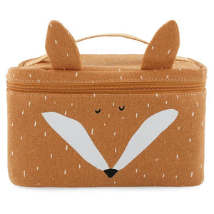 Sac à lunch isotherme pour enfant, motif renard orange, tissu, poignée et zip.