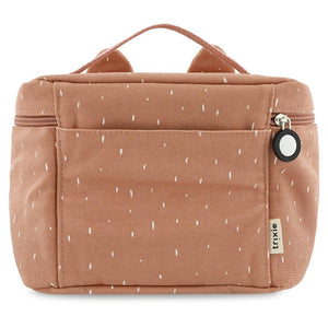 Sac à lunch isotherme en toile marron clair avec motif taches blanches et poche avant.