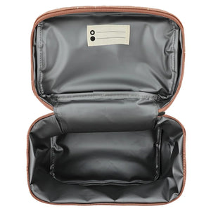Sac à lunch isotherme avec zip marron, intérieur gris spacieux et porte-nom.