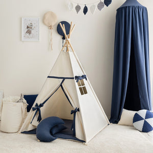 Side view of a beige teepee tent showing the built-in window and navy fabric ties