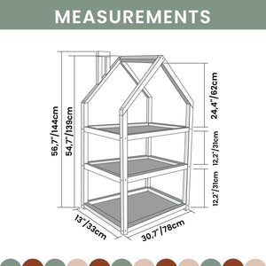 Schema delle misure per lo scaffale medio a forma di casetta: larghezza 78 cm, altezza 144 cm e profondità 33 cm