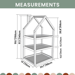 Schema delle misure per lo scaffale grande a forma di casetta: larghezza 88 cm, altezza 150 cm e profondità 33 cm