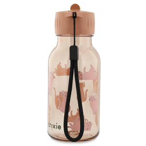 Gourde en Tritan 350 ml avec motif chat rose et marron, couvercle beige et dragonne noire