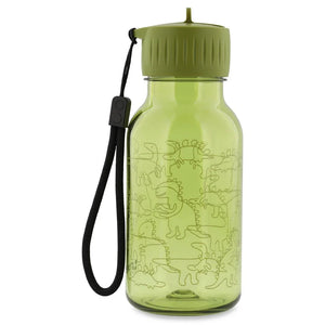Botella de agua de Tritan verde de 350 ml con estampado de dinosaurios y correa de transporte