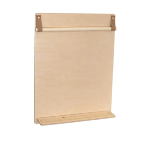 Natural wood drawing board with leather straps and paper roller, minimalist nursery art station