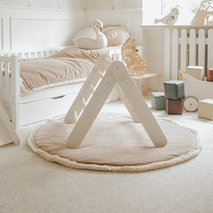 Casita de juegos tipo escalera blanca con funda azul grisáceo