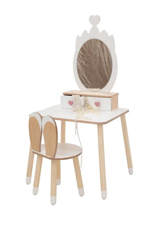 White Crown Beauty Table and chair with jewellery arranged over the storage drawers