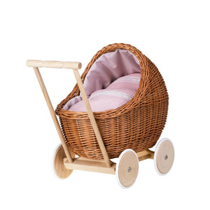 Passeggino in vimini per bambole Lili – Biancheria rosa