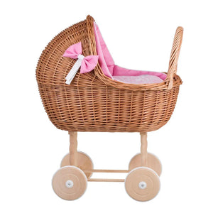 Poussette en osier pour poupée Lena – Literie rose