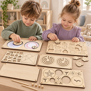 Two children playing with wooden stencil activity boards, animal matching puzzle and geometric drawing patterns