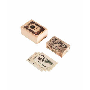 Wooden box set with vintage botanical illustrations, featuring herb cards and decorative plant prints for home decor