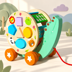 Colourful wooden pull-along crocodile shape sorter displayed in a pastel children’s play setting