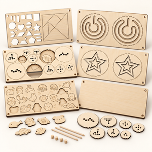 Wooden drawing stencil and puzzle activity set with six boards, animal pieces, geometric shapes, tangram and pattern drawing wheels